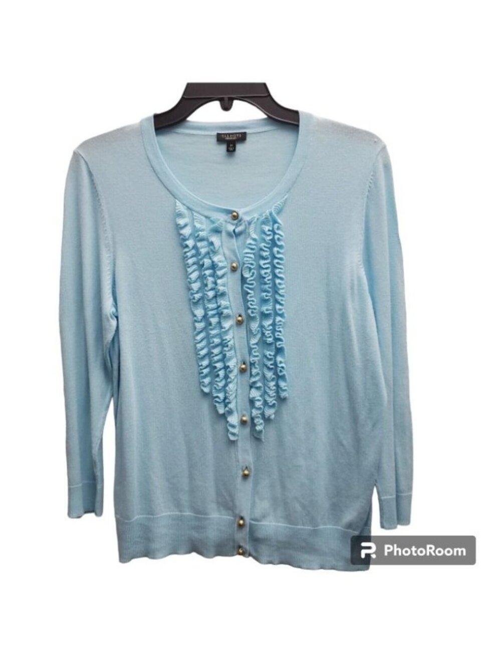 Talbots Women's‎ Ruffle-Front 3/4 Sleeve Cardigan Sweater Light Blue Size Medium - Picture 2 of 10